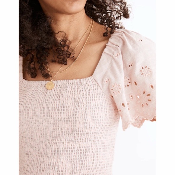 Madewell Linen-Blend Eyelet-Sleeve Lucie Smocked Midi Dress - Wisteria Dove - Picture 3 of 13